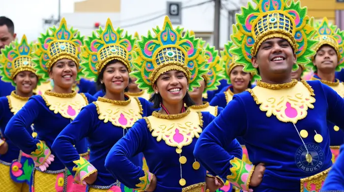 Group of smiling performers in vibrant blue and gold costumes during a street parade at Ormoc City’s Piña Festival – a colourful June celebration in the Philippines featured on The Road to Timbuktu travel blog