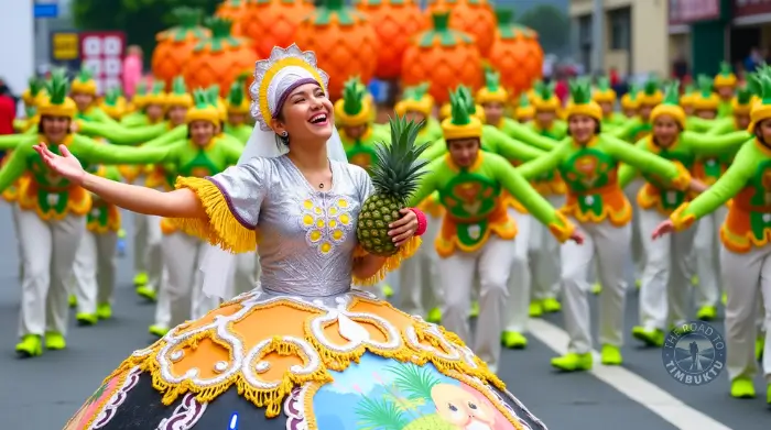 Smiling female dancer in pineapple-themed costume leading a colourful street parade during Ormoc City’s Piña Festival – a joyful June celebration in the Philippines featured on The Road to Timbuktu travel blog