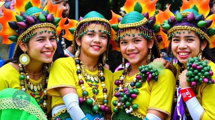 our young women dressed in vibrant yellow and green costumes adorned with pili nut-inspired accessories smile for the camera during the Pili Festival in the Philippines – a joyful celebration featured in “A Guide to 14 Amazing Philippine Festivals in June” on The Road to Timbuktu travel blog.