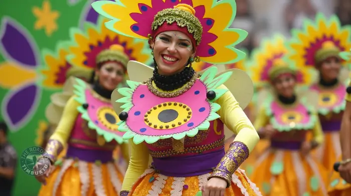 A beaming dancer in a colourful floral costume performs during the Pili Festival in the Philippines, celebrating the pili nut harvest with music, movement, and local pride – as featured in “A Guide to 14 Amazing Philippine Festivals in June” on The Road to Timbuktu travel blog.