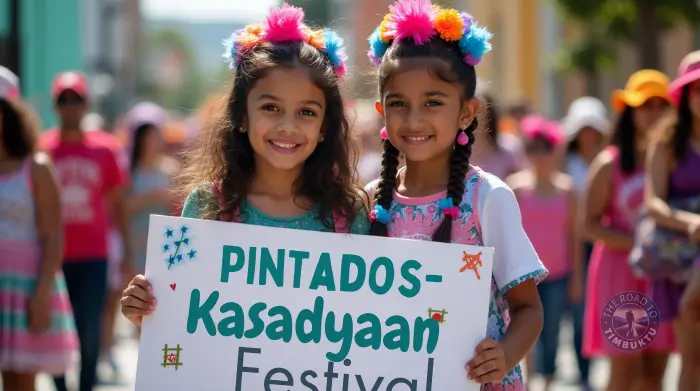 Two young girls in colourful outfits holding a Pintados-Kasadyaan Festival sign during a vibrant street parade in the Philippines – celebrating culture and tradition in June, featured on The Road to Timbuktu travel blog