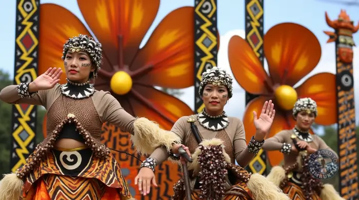 Performers in traditional tribal-inspired costumes dancing in front of colourful floral backdrops at the Pintados-Kasadyaan Festival – a vibrant cultural celebration in June featured on The Road to Timbuktu travel blog