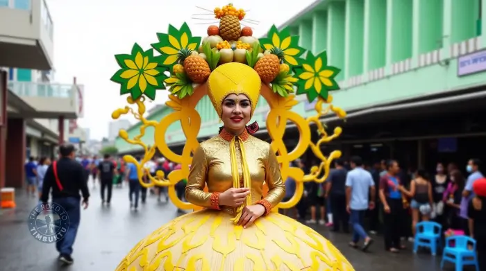A woman dressed in an elaborate golden costume adorned with pineapples and tropical floral designs during the Pinyasan Festival in the Philippines – a vibrant tribute to local produce featured in “A Guide to 14 Amazing Philippine Festivals in June” on The Road to Timbuktu travel blog.