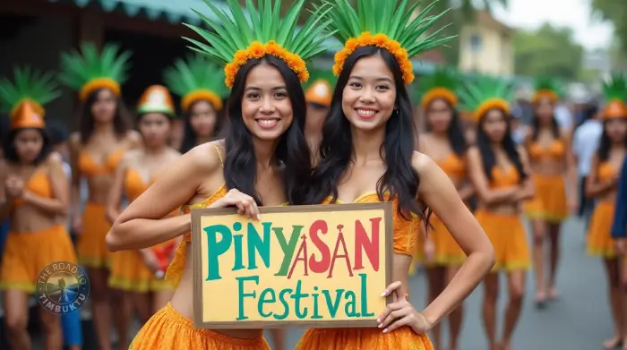 Two smiling women in pineapple-themed costumes holding a colourful sign that reads “Pinyasan Festival” during a lively parade in the Philippines – a festive moment featured in “A Guide to 14 Amazing Philippine Festivals in June” on The Road to Timbuktu travel blog.