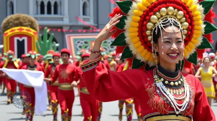 A smiling dancer in a red traditional costume and ornate feathered headdress leads a lively parade during the San Juan sa Hibok-Hibok Festival in the Philippines – a colourful celebration featured in “A Guide to 14 Amazing Philippine Festivals in June” on The Road to Timbuktu travel blog