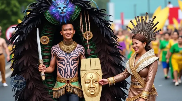 A man in elaborate tribal warrior attire with body paint and a dramatic headdress parades beside a woman in elegant traditional dress during the Tabak Festival in the Philippines – a powerful visual from “A Guide to 14 Amazing Philippine Festivals in June” on The Road to Timbuktu travel blog.