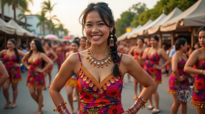 A vibrant group of Filipino women in traditional floral festival dresses dancing in the street during a June fiesta in the Philippines, celebrating cultural heritage with joy and colour – as featured in “A Guide to 14 Amazing Philippine Festivals in June” by The Road to Timbuktu travel blog