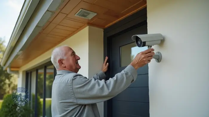 Mature traveller installing a security camera before an overseas trip, showcasing essential home preparations before take-off.
