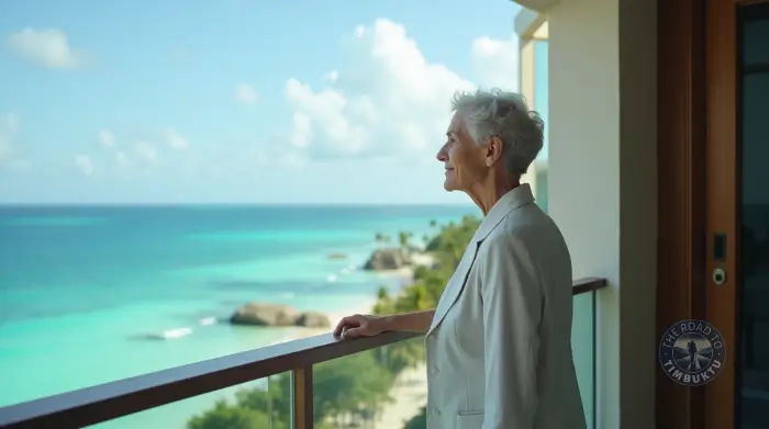 Mature solo traveller over 50 standing on a resort balcony, gazing peacefully out at the turquoise sea and white sand beach below, capturing the joy of finally settling in after a long-haul journey.