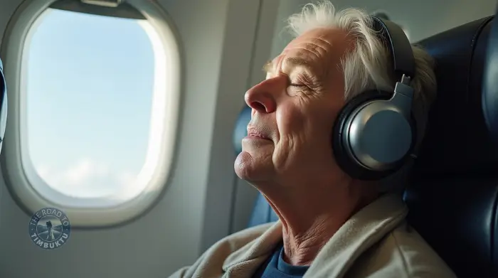 Mature solo traveller over 50 relaxing on a plane with noise-cancelling headphones, enjoying peaceful in-flight entertainment and tranquillity at 35,000 feet.