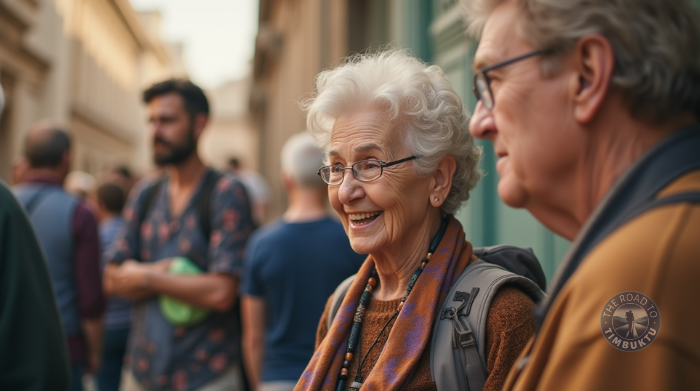 Cheerful woman over 70 on a last-minute cultural walking tour, soaking up history, architecture, and the joy of late-in-life adventure—proof that it’s never too late to travel smart and smile often.