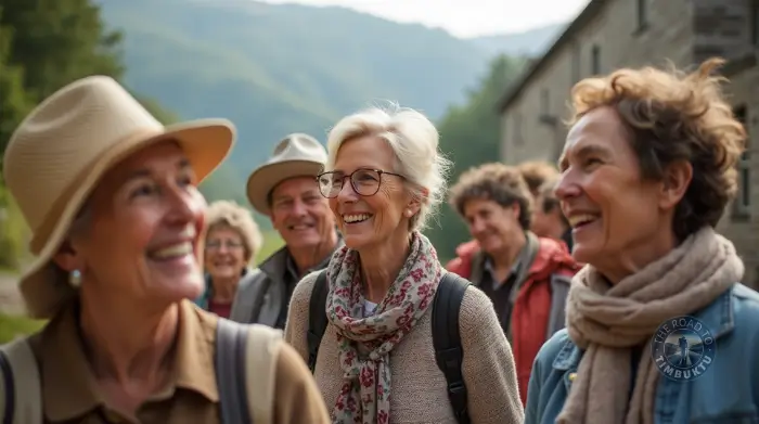 Group of over-50 solo travellers laughing and chatting during a spontaneous countryside tour—because last-minute holidays can lead to lifelong friendships (and a lot of scarf envy).