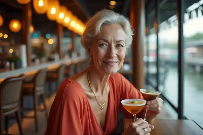 A stylish mature woman enjoys riverside cocktails at sunset—embodying the ease and elegance of solo travel over 50 Bangkok style. Featured on The Road to Timbuktu, it’s a reminder that you don’t need a travel partner to toast the view—or to double up on drinks, for that matter.