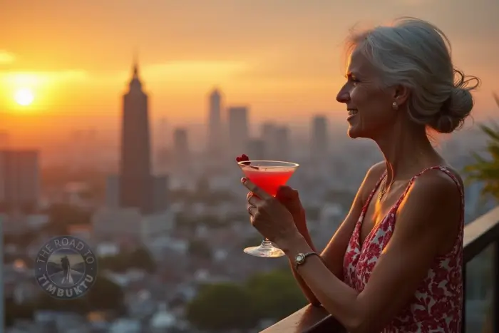 A stylish mature woman enjoys a sunset cocktail above the Bangkok skyline—capturing the essence of solo travel over 50 Bangkok style. Featured on The Road to Timbuktu, this rooftop moment is all about confidence, class, and enjoying the view—no travel companion required.