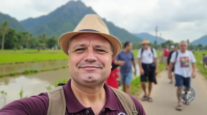 Solo male traveller over 50 smiling on a small group tour through the scenic countryside of Chiang Mai, embracing the joy of last-minute holidays with likeminded explorers.