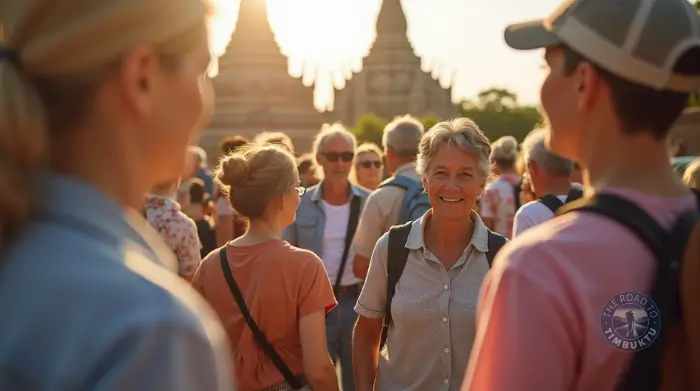 Solo female traveller over 50 smiling amidst a lively group tour at a historic temple site, embracing the thrill of last-minute adventures and spontaneous connections.