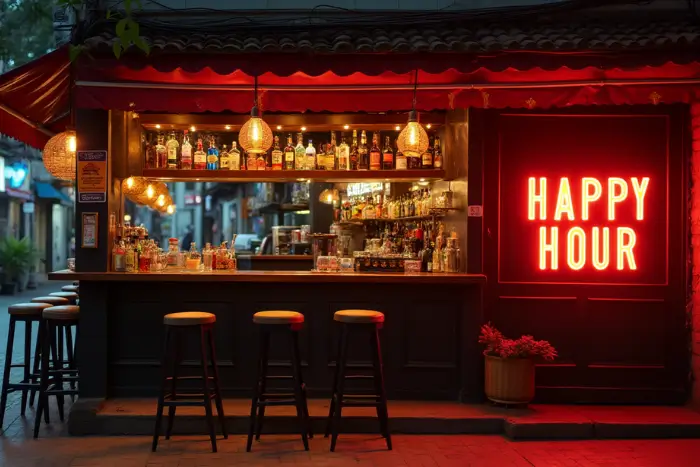 A glowing neon “Happy Hour” sign lights up a cosy Bangkok bar—perfect for solo travellers wondering where to drink in Bangkok alone without feeling awkward. Featured on The Road to Timbuktu, it’s the kind of place where the stools are empty, the cocktails are cold, and no one cares that you're flying solo.