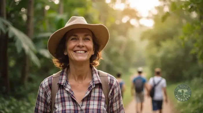 Smiling solo traveller over 50 on a spontaneous jungle trek, proving that last-minute escapes can still lead to epic stories (and fewer blisters with the right boots).