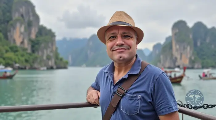 Solo male traveller over 50 smiling in front of dramatic limestone cliffs and calm waters in Southeast Asia—proof that last-minute getaways aren’t just for the twenty-somethings with backpacks and questionable hygiene