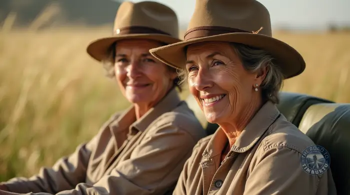 Two stylish women over 50 on a last-minute safari adventure, smiling from their open-top jeep as they embrace the thrill of spontaneous wildlife travel—with matching hats, of course.