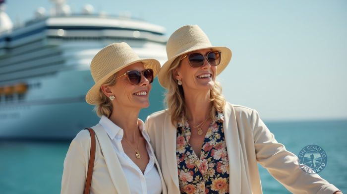 Two stylish women over 50 beaming beside a luxury cruise ship, enjoying the perks of a last-minute cruise getaway with sunshine, freedom, and fabulous accessories.