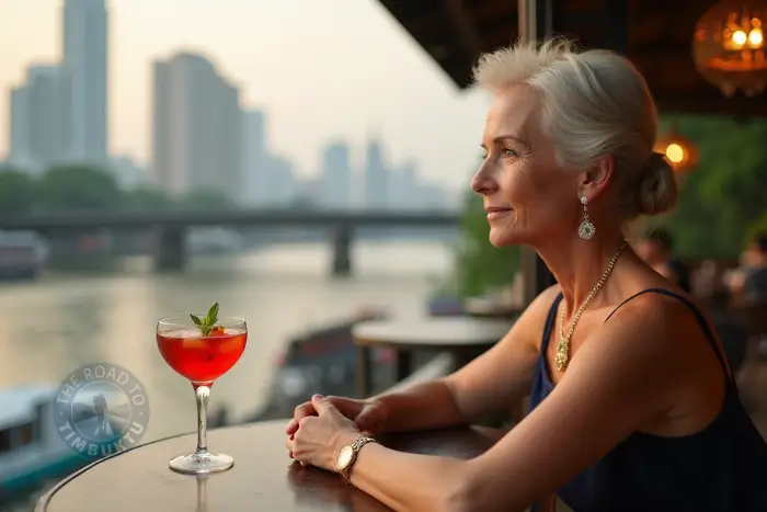 A mature solo traveller savours a quiet cocktail at a riverfront bar in Bangkok—one of many solo-friendly bars in Bangkok that blend charm, calm, and skyline views. Featured on The Road to Timbuktu, it’s the kind of place where the only companion you need is a good drink and a better view.