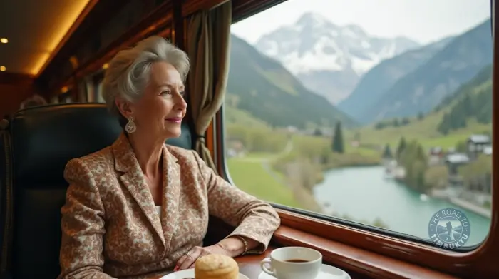Elegant woman over 50 enjoying tea and pastries aboard a luxury train with alpine views—embracing the art of last-minute travel in true Orient Express style.