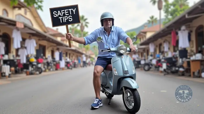 Solo male traveller over 50 riding a scooter through a market street while holding a “Safety Tips” sign—sharing travel advice with a dash of humour and a hint of risk.