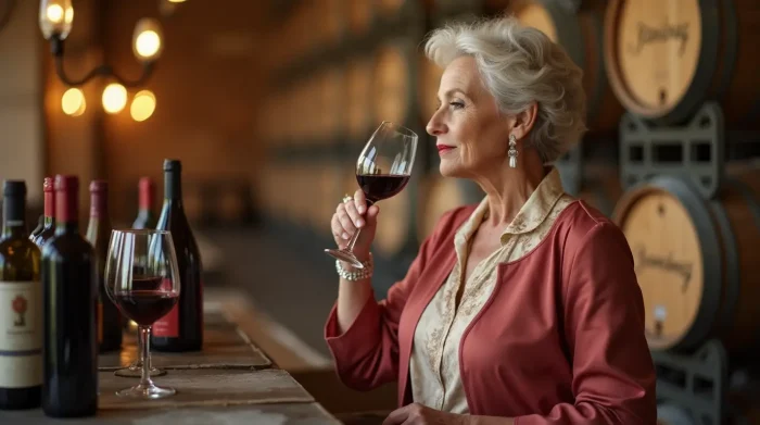 Elegant woman over 50 savouring a glass of red wine during a last-minute vineyard tour—luxury, leisure, and a well-developed palate in one perfectly spontaneous getaway.