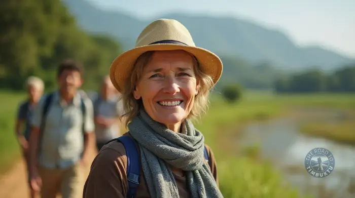Smiling woman over 50 on a scenic countryside hike with a small group of fellow travellers—enjoying a spontaneous escape that’s more trails than cocktails (this time).