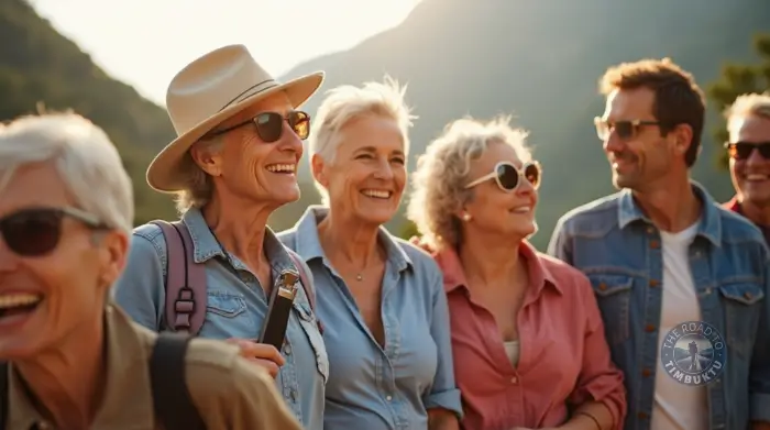 Group of happy over-50 solo travellers sharing a laugh during a scenic mountain walk—proof that last-minute holidays can bring new friendships, fresh air, and the best kind of group therapy: travel.