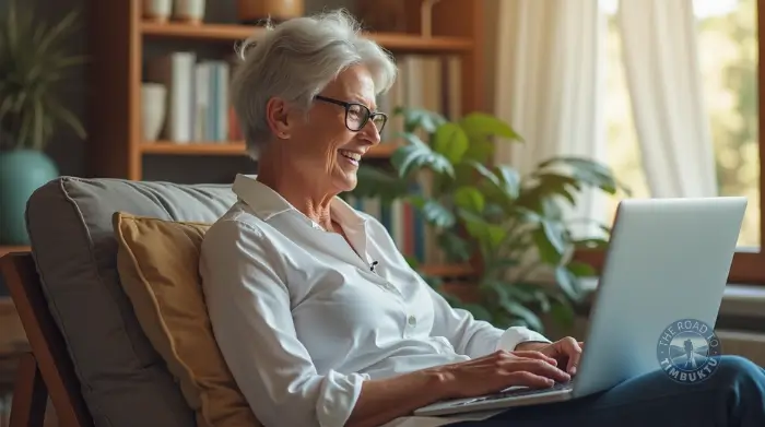 Smiling woman over 50 booking a spontaneous solo holiday online from the comfort of her home—proving adventure begins with good Wi-Fi and a cuppa.