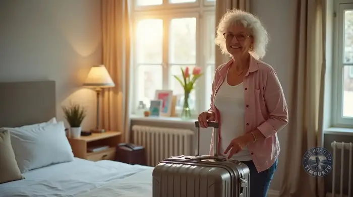 Confident solo female traveller over 50 standing in a cosy hotel room with suitcase in hand, ready for a spontaneous last-minute holiday adventure.