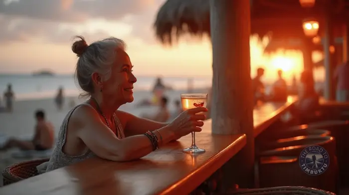 Elegant solo traveller over 50 enjoying a sunset cocktail at a tropical beach bar—because last-minute getaways should come with sunsets and sass.