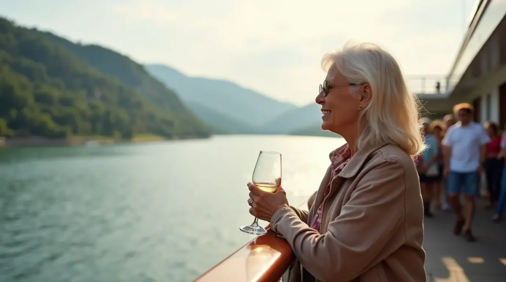 Solo female traveller over 50 enjoying a peaceful moment with a glass of wine on a river cruise, soaking up the scenic views and the joy of spontaneous adventure.