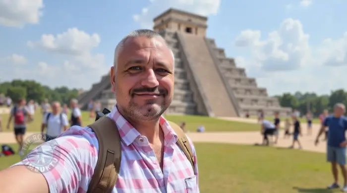 Solo traveller over 50 smiling in front of the iconic El Castillo pyramid at Chichén Itzá, Mexico, blending ancient history with modern adventure—featured in The Road to Timbuktu’s guide to unforgettable solo destinations.