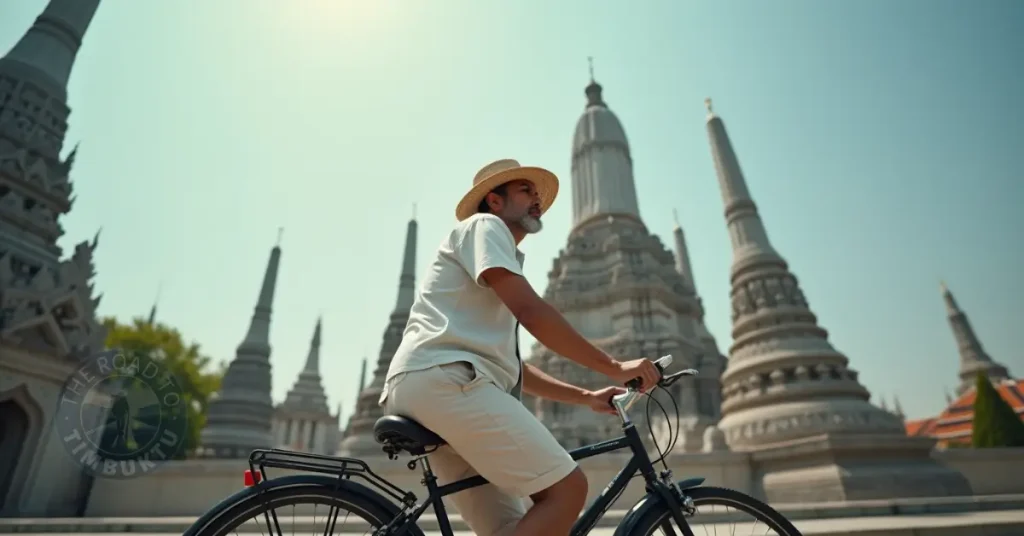 A solo male traveller over 50 cycling through a temple complex in Bangkok, surrounded by ancient stupas and clear skies. A perfect fit for blog content about Bangkok cycling tours for mature travellers on The Road to Timbuktu.