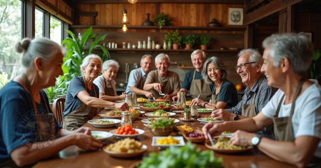 A group of mature solo travellers over 50 enjoying a communal Thai meal after a hands-on cooking class in Bangkok. Seated around a wooden table and surrounded by colourful dishes, the group shares laughter and conversation in a warm, relaxed setting — the perfect mix of food, culture, and connection.
