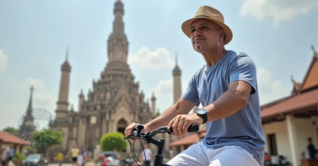 Mature solo traveller, Zander Kane, riding a bicycle past an ornate temple in Bangkok, wearing a sunhat and casual clothes. Ideal visual for showcasing Bangkok bike tours for over 50s on The Road to Timbuktu travel blog.