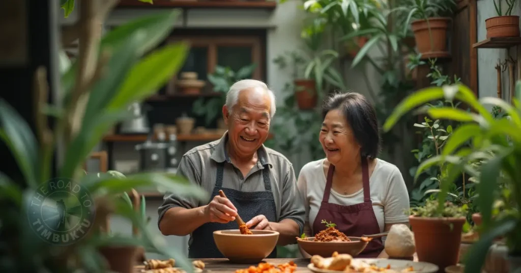 A smiling older couple in aprons making Thai curry paste together in a lush, plant-filled cooking school setting in Bangkok. This wholesome moment captures the essence of slow travel and joyful learning — perfect for solo travellers over 50 who value connection, culture, and a splash of spice.