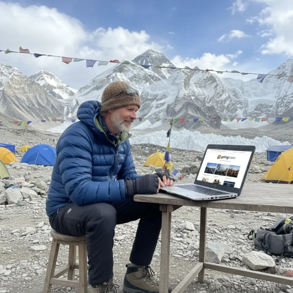 Mature solo traveller at Everest Base Camp using Going.com on his laptop — highlighting trusted travel tools featured on The Road to Timbuktu
