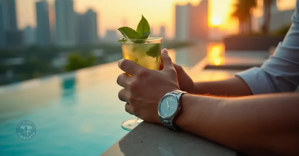 A man enjoying a refreshing cocktail beside a rooftop infinity pool at sunset in Singapore, with the city skyline glowing in the background — a perfect moment from one of the best rooftop bars in Singapore.