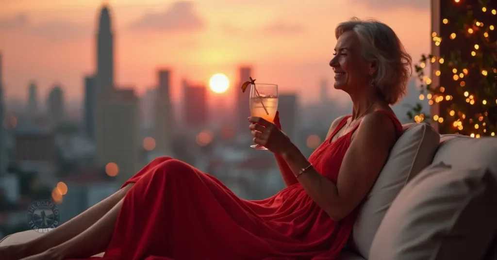 Mature solo traveller in a red dress enjoying a cocktail on a rooftop bar in Singapore at sunset, with skyline views and fairy lights — a serene moment of joy and reflection for those over 50 embracing the solo travel lifestyle.