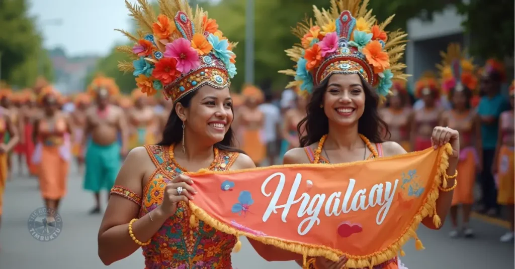 Two women in bright floral headdresses and colourful costumes lead the Higalaay Festival parade in Cagayan de Oro — a heartfelt August celebration of friendship, culture, and community pride