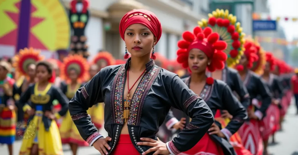 A proud female dancer in traditional attire leads a vibrant Kadayawan Festival parade in Davao City — celebrating Mindanao’s rich tribal heritage, colourful costumes, and abundant harvest