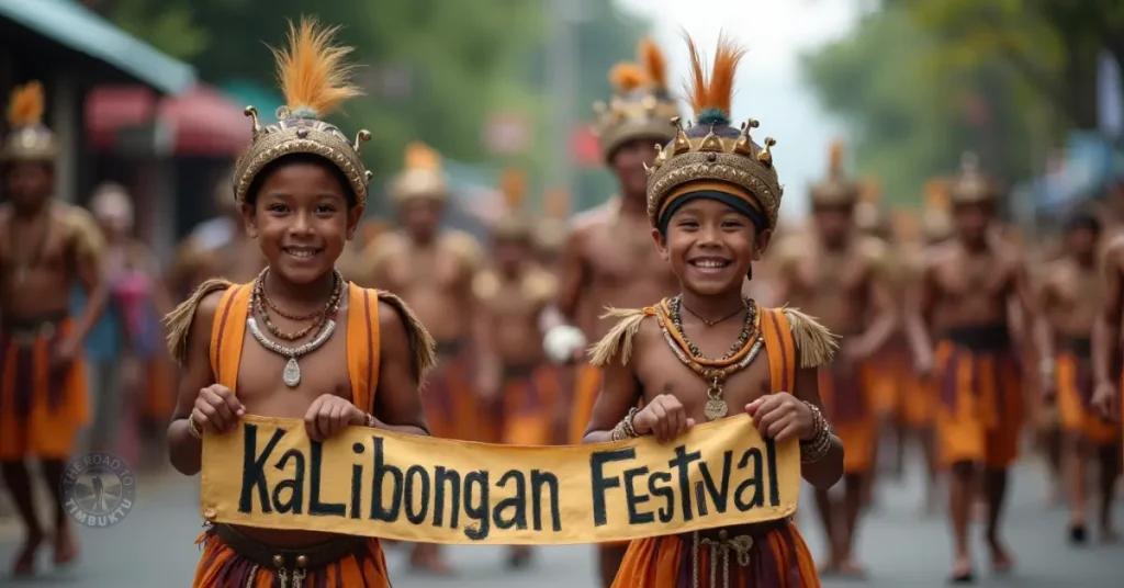 Two young boys in tribal attire smile proudly as they lead the Kalibongan Festival parade in Kidapawan City – a joyful August celebration of Mindanao’s rich cultural heritage and Lumad traditions