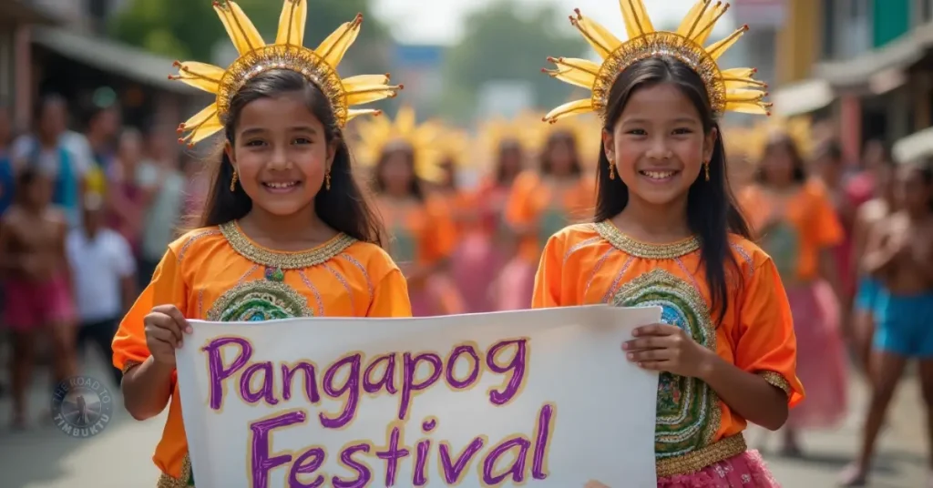 Two smiling girls in vibrant orange costumes and golden headdresses lead the Pangapog Festival parade on Samal Island — a colourful August celebration honouring thanksgiving, harvest, and local seafaring traditions.