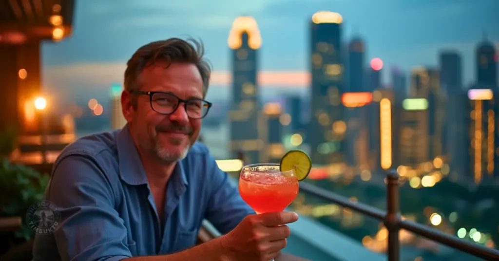 Smiling solo male traveller over 50 enjoying a cocktail at a rooftop bar in Singapore, with the city skyline glowing behind him at twilight — a relaxed moment of urban exploration for the mature solo adventurer.

