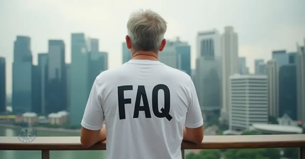 Mature solo traveller standing on a rooftop in Singapore wearing a white t-shirt with 'FAQ' printed on the back, gazing out at the modern city skyline — perfect for a humorous yet helpful travel blog FAQ section.