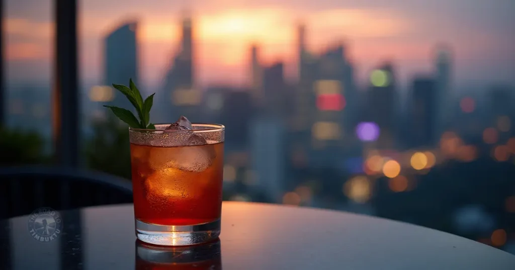 Close-up of a classic cocktail with mint and ice on a rooftop bar table in Singapore, set against a blurred city skyline at sunset — capturing the essence of slow solo travel and skyline serenity for mature adventurers.

